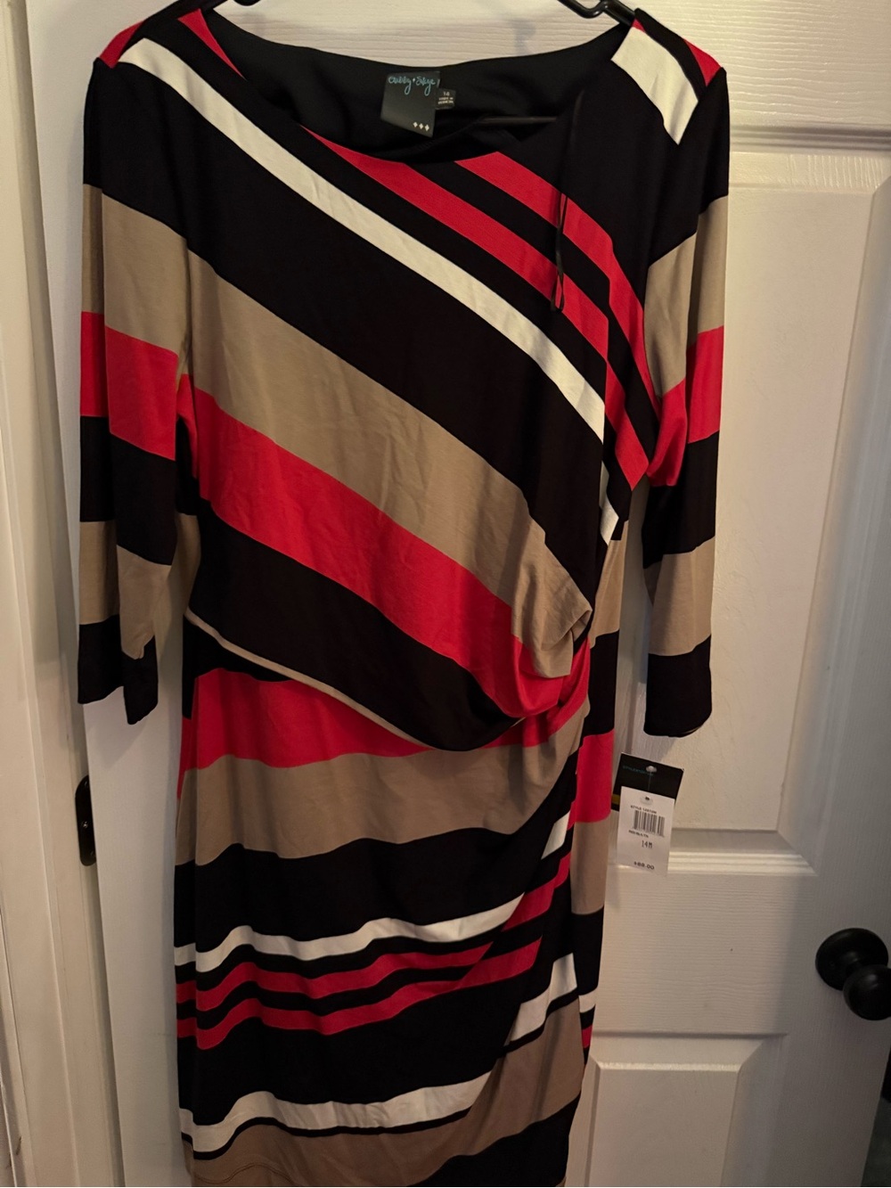 Gabby Skye Draped Waist Midi Dress in Black, Red, Tan & White- NWT- 14